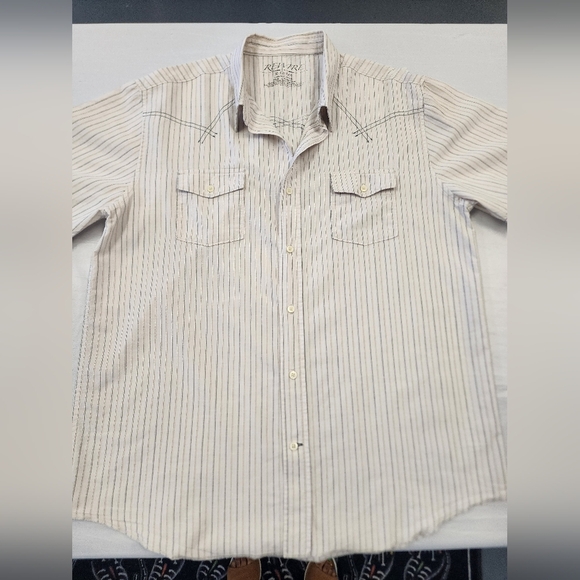 Rewire Men's Beige Striped Shirt Short Sleeve Retro, sz XL - Picture 10 of 13
